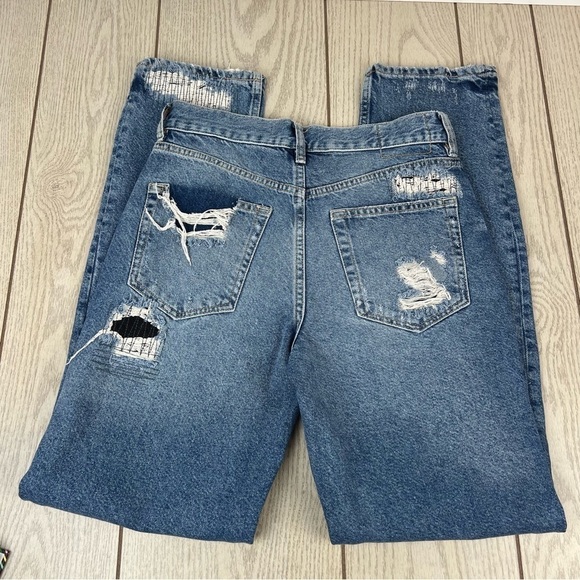 Free People McCoy Destroyed Patch Straight Leg Jeans 26 Tattered Blue $148 - Picture 5 of 11